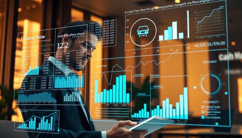 A detailed financial report showcasing the importance of cash flow analysis. The scene depicts a holographic display of financial statements, with dynamic visualizations of cash inflows and outflows. The foreground features a thoughtful executive poring over the data, surrounded by a sleek, modern office environment. Warm lighting from large windows creates a sense of professionalism and authority. The middle ground showcases interactive charts and graphs, highlighting key financial metrics. The background subtly blends the company's branding, conveying the strategic significance of effective cash flow management in driving informed business decisions. A detailed financial report showcasing the importance of cash flow analysis. The scene depicts a holographic display of financial statements, with dynamic visualizations of cash inflows and outflows. The foreground features a thoughtful executive poring over the data, surrounded by a sleek, modern office environment. Warm lighting from large windows creates a sense of professionalism and authority. The middle ground showcases interactive charts and graphs, highlighting key financial metrics. The background subtly blends the company's branding, conveying the strategic significance of effective cash flow management in driving informed business decisions.
