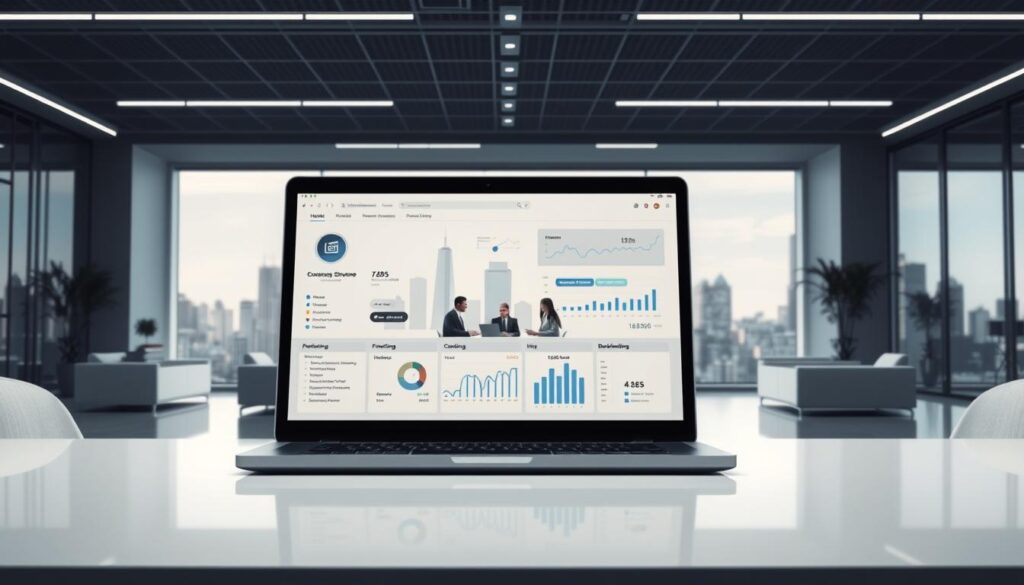 A highly detailed and photorealistic digital illustration of a comprehensive accounting software solution. The scene depicts a modern, minimalist office setting with sleek, monochrome furniture and lighting. In the foreground, a laptop screen displays the accounting software's intuitive user interface, showcasing features such as financial reporting, invoicing, and bookkeeping. The middle ground features a group of professionals collaborating around a conference table, highlighting the software's collaborative capabilities. The background depicts a panoramic city skyline, conveying a sense of a thriving, technology-driven business environment. The overall mood is one of efficiency, professionalism, and technological sophistication.