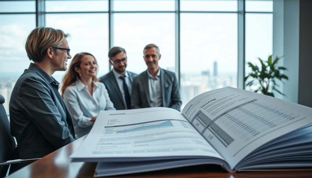 A serene corporate office setting, filled with natural light and a sense of transparency. In the foreground, a team of business professionals engage in a collaborative meeting, their expressions conveying an open and accountable dialogue. The middle ground showcases a large, well-organized financial report, its pages clear and easily accessible, symbolizing the company's commitment to financial transparency. In the background, a cityscape can be seen through the expansive windows, reflecting the broader impact of corporate governance on the wider community. The overall scene exudes a harmonious balance between corporate responsibility and financial integrity.