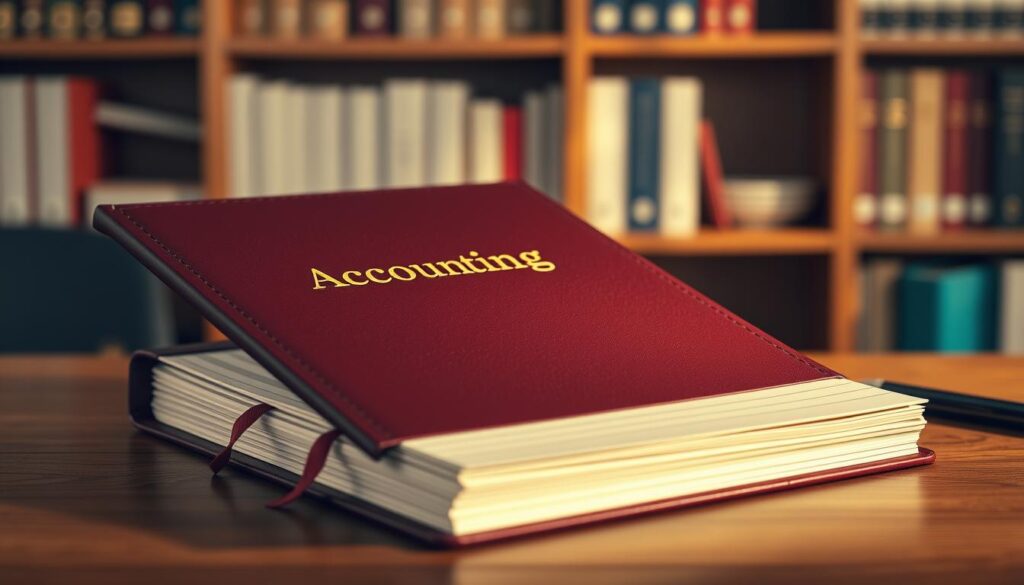 A sleek, modern accounting ledger with a minimalist, sophisticated design. The cover is made of high-quality leather in a deep burgundy hue, with the title "Accounting Journal" embossed in gold foil. The pages are crisp, off-white, and lined for precise record-keeping. The ledger sits atop a wooden desk, bathed in warm, indirect lighting that casts a soft, professional glow. In the background, a bookshelf filled with other accounting and finance resources creates a sense of a well-organized, efficient workspace. The overall atmosphere conveys a sense of thoughtful organization, attention to detail, and a commitment to sound financial practices.