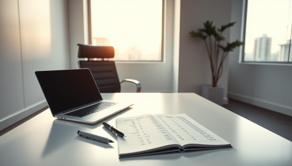 A sleek, modern office setting with a minimalist desk and chair arrangement. On the desk, there is a laptop, a pen, and a notebook open, displaying financial calculations and equations. The background features clean white walls, with a large window overlooking a cityscape, bathing the scene in warm, natural light. The overall mood is one of focused efficiency and professionalism, reflecting the process of calculating working capital. The camera angle is slightly elevated, providing a bird's-eye view of the desk and its contents, emphasizing the analytical and methodical nature of the task at hand.