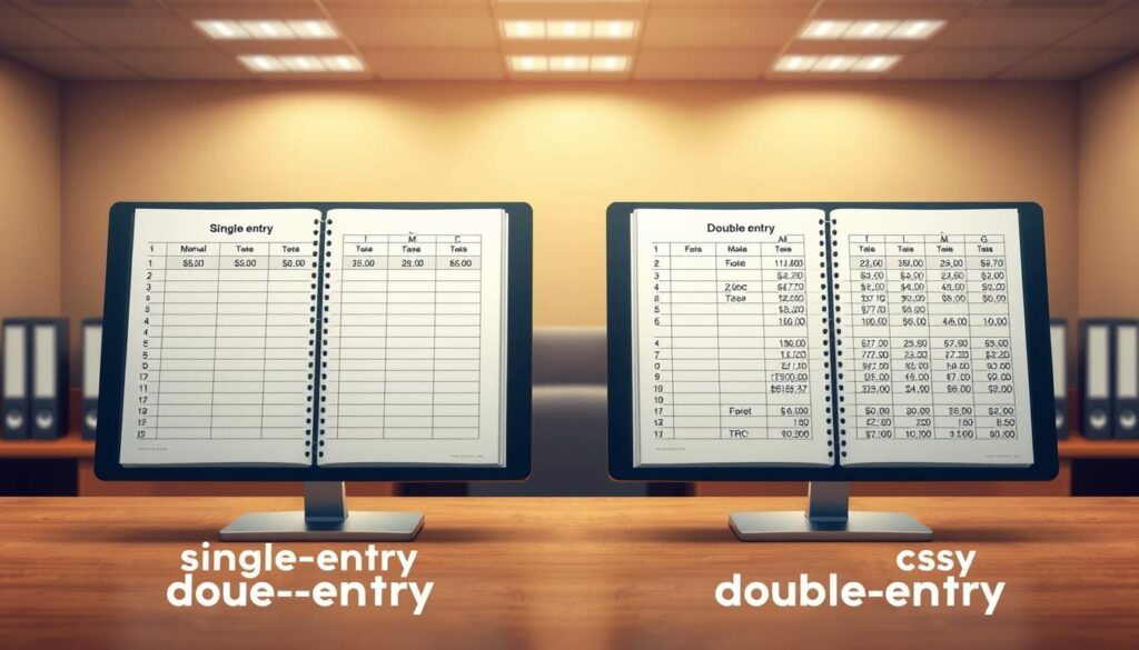 Depict a clear and informative illustration showcasing the distinct differences between single-entry and double-entry accounting systems. Render a scene with two separate accounting ledgers, one displaying the simplified single-entry format and the other the more comprehensive double-entry structure. Highlight the contrasting visual elements, such as the number of columns, rows, and the overall complexity of the data layouts. Set the scene in a neutral, professional office environment with soft, warm lighting to convey a sense of clarity and understanding. Ensure the image effectively conveys the conceptual distinction between these fundamental accounting principles. Depict a clear and informative illustration showcasing the distinct differences between single-entry and double-entry accounting systems. Render a scene with two separate accounting ledgers, one displaying the simplified single-entry format and the other the more comprehensive double-entry structure. Highlight the contrasting visual elements, such as the number of columns, rows, and the overall complexity of the data layouts. Set the scene in a neutral, professional office environment with soft, warm lighting to convey a sense of clarity and understanding. Ensure the image effectively conveys the conceptual distinction between these fundamental accounting principles.