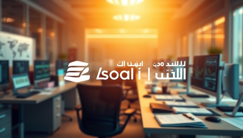 Detailed digital illustration of the leading accounting software in Saudi Arabia, showcasing a sleek and modern user interface. Prominent in the foreground, the software's logo and branding elements stand out against a blurred background featuring office desks, computers, and financial documents. Subtle lighting from above casts a warm, professional glow, while the overall composition conveys a sense of efficiency and technological sophistication within the Saudi accounting industry.