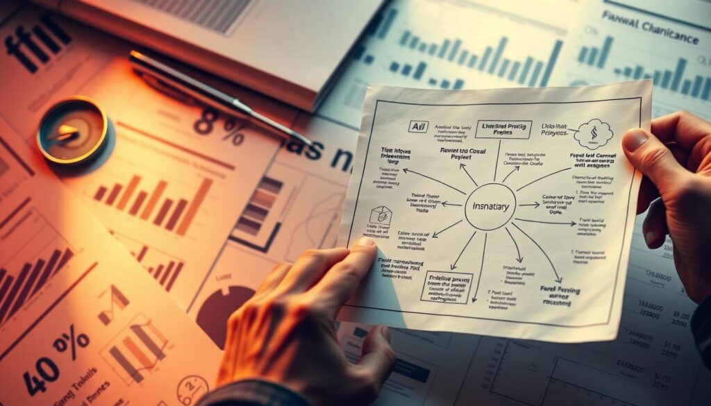 Detailed financial strategies for sustainable growth, conveyed through a visually striking image. A richly textured background of financial documents, charts, and data visualization elements. In the foreground, a central focal point showcases a thoughtful, hand-drawn blueprint or schematic, outlining key steps and interconnected concepts for improving financial performance. Warm lighting casts a professional, analytical tone, while composition and color palette evoke a sense of strategic planning and measured progress. The overall impression should be one of informed, deliberate financial decision-making aimed at long-term organizational resilience and success.