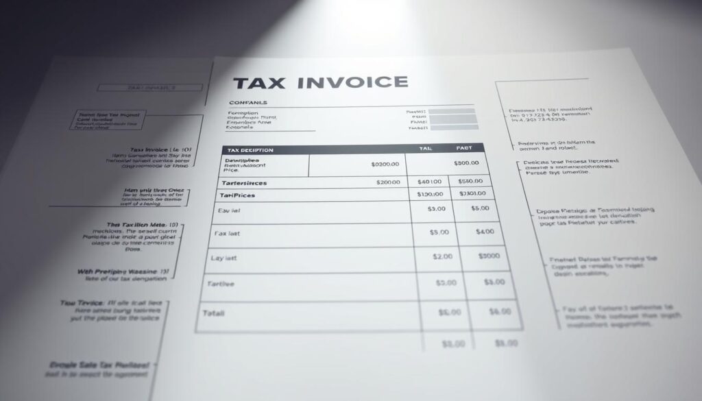 Detailed technical illustration showcasing the essential components of a tax invoice. Sleek, minimalist design with clean lines and muted colors. Centered focus on the core invoice elements - company logo, item descriptions, quantities, unit prices, tax rates, totals, etc. Arranged in a grid-like layout to emphasize the structure and organization. Soft, natural lighting from the top left creates depth and dimension. Camera positioned at a slight low angle to convey a sense of authority and importance. Overall, a professional, informative visual aid to accompany the comprehensive guide on tax invoices.
