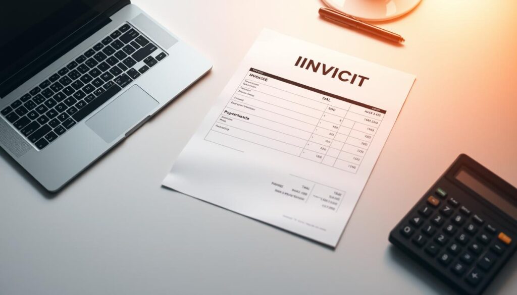 a digital tax invoice on a minimalist gray and white desktop, with a laptop, pen, and calculator visible in the foreground. The invoice features a clean, modern design with line items, total amount due, and a prominent "VAT" label. The scene has a warm, professional atmosphere, conveying efficiency and attention to detail. The lighting is soft and diffused, creating depth and highlighting the key elements. The camera angle is slightly elevated, providing a comprehensive view of the workspace and the invoice.