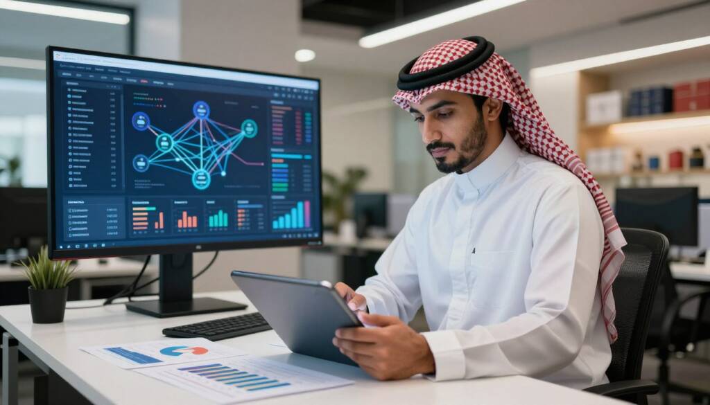 A Saudi businessman in a white thobe, wearing a red checkered shemagh and a black agal, stands confidently at a sleek modern office desk, analyzing data on a digital tablet. In the foreground, there are charts and graphs displaying sales and inventory metrics, symbolizing integration. The middle ground features a large screen displaying a dynamic dashboard of interconnected sales and inventory systems, with flowing lines connecting various data points. In the background, soft ambient lighting enhances the professional atmosphere of the office, with shelves filled with neatly arranged stock and a view of bustling retail activities outside. The scene conveys a sense of efficiency, collaboration, and advanced technology in retail management.
