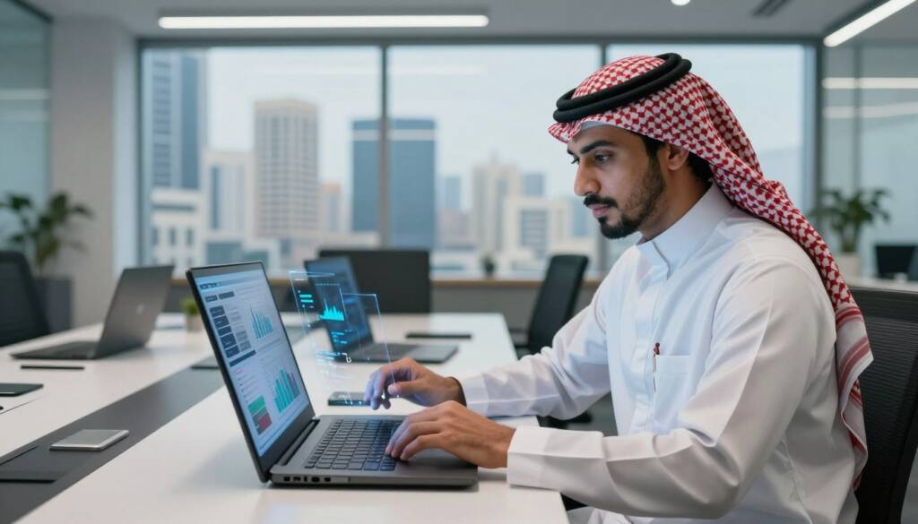 A dynamic and modern office environment representing the impact of digital transformation on company performance. In the foreground, a Saudi man in a white thobe, red checkered shemagh, and black agal examines digital charts on a transparent touchscreen, his expression focused and determined. The middle ground features a sleek conference table with laptops and devices displaying graphs and data analytics. In the background, large windows reveal a bustling cityscape, hinting at the global connectivity enabled by technology. Soft, ambient lighting highlights the innovative atmosphere, creating a sense of progress and ambition. The setting conveys a mood of optimism and forward-thinking, emphasizing the transformation journey of businesses in Saudi Arabia.