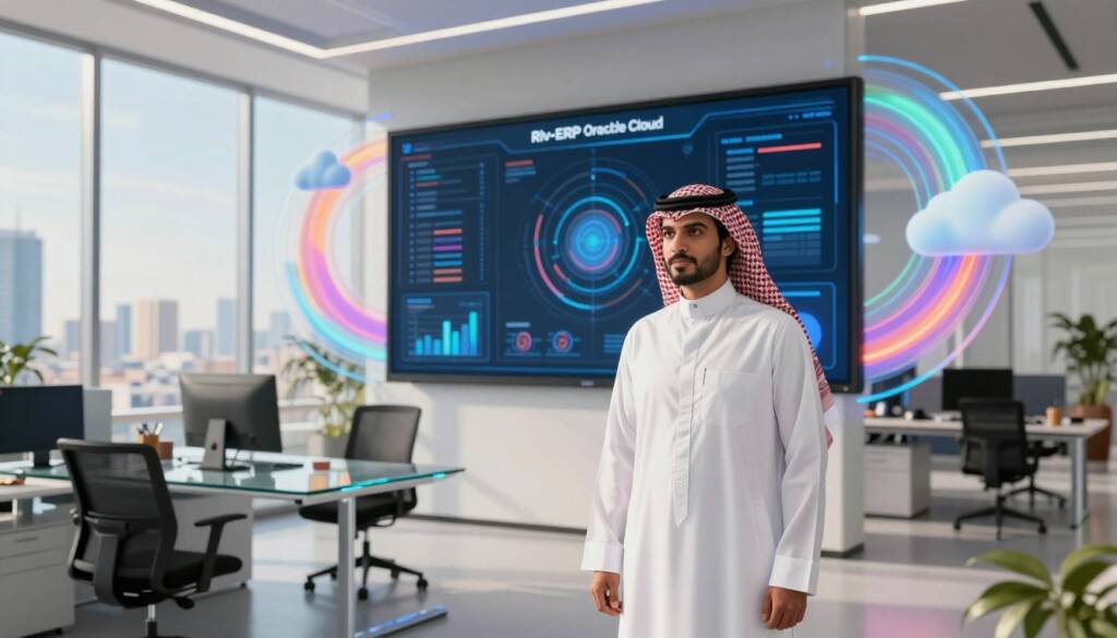 A futuristic office environment showcasing the integration of Riv-ERP with Oracle Cloud and Zed Waslah services. In the foreground, a Saudi man wearing a traditional white thobe, red checkered shemagh, and black agal, stands confidently in front of a large digital screen displaying dynamic graphs and flowcharts. The middle layer features sleek, modern office furniture, including a glass desk and ergonomic chairs, while vibrant, abstract representations of data and cloud services arc around the screen. In the background, large windows reveal a bustling cityscape under a bright, clear sky, filled with soft, warm lighting to create an inviting atmosphere. The scene embodies innovation, collaboration, and technological advancement, inspiring a sense of progress and efficiency.