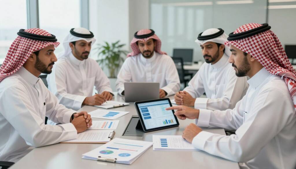 A group of Saudi men in traditional attire—white thobes and red checkered shemaghs secured with black agals—engaged in a focused discussion around a sleek, modern conference table. In the foreground, one man points at a digital tablet, analyzing data on ERP system options. The middle layer features a thoughtfully arranged array of documents and charts spread across the table, while a contemporary office setting fills the background with large windows allowing soft, natural light to illuminate the scene. The mood is professional and collaborative, emphasizing the importance of thoughtful decision-making in selecting an ERP provider. The lighting adds a warm, inviting atmosphere, creating a sense of opportunity and challenge in the decision process.