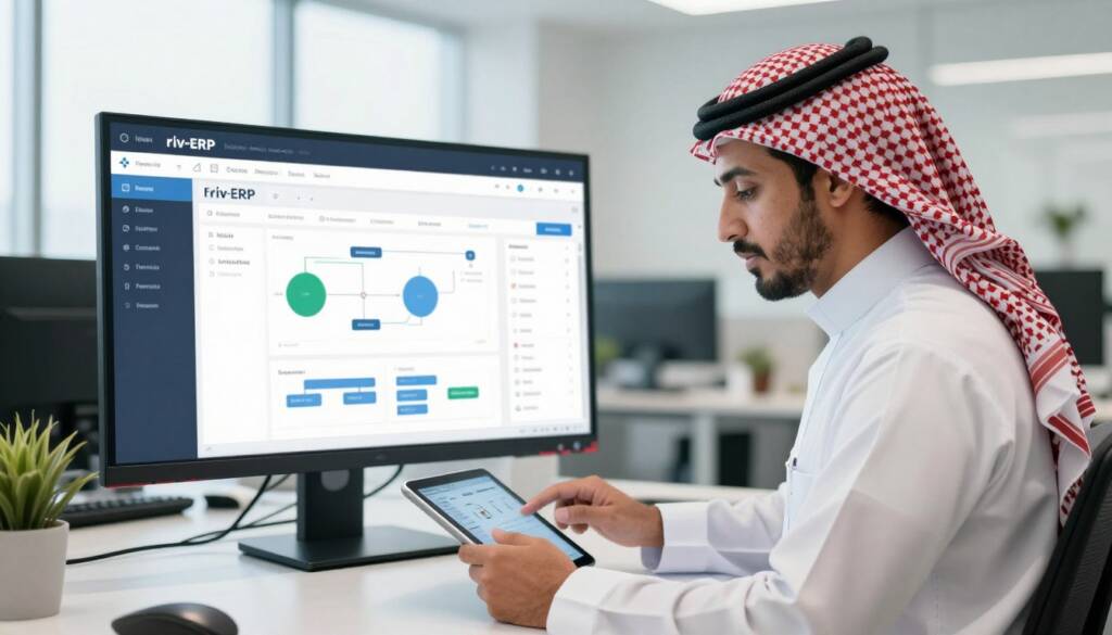 A modern office setting showcasing a sophisticated ERP system designed for maintenance and operational management. In the foreground, a Saudi man dressed in a white thobe, with a red checkered shemagh and black agal, is attentively analyzing data on a digital tablet. The middle ground features a sleek, large screen displaying a user-friendly ERP interface with graphs and workflow diagrams. To the background, a bright and airy office environment with large windows allowing natural light to flood the space. A hint of greenery from potted plants adds a touch of freshness. The overall mood is one of professionalism, efficiency, and innovation, emphasizing the collaboration between Riv-ERP and its exclusive partner, Wessla.