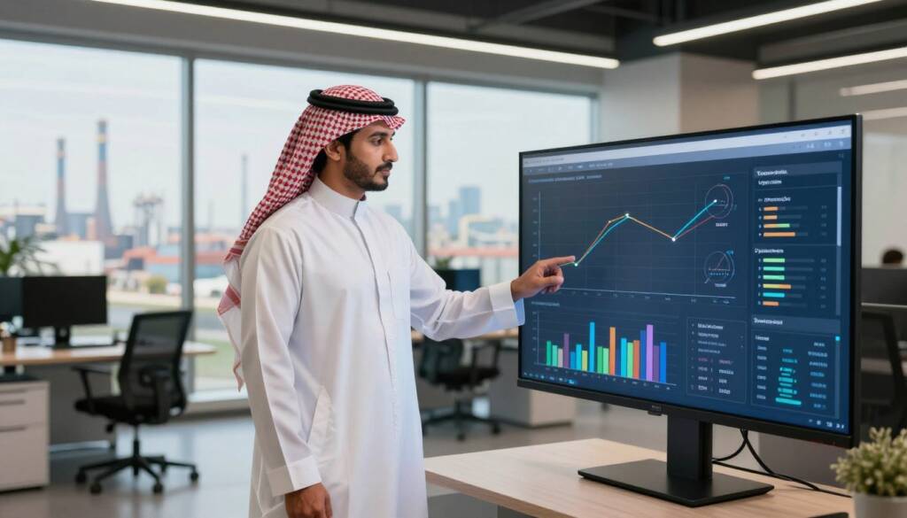 A professional Saudi man dressed in a white thobe with a red checkered shemagh and a black agal stands confidently in a modern office environment, analyzing data displayed on a large digital screen. In the foreground, a chart illustrating operational efficiency and decision-making processes is prominent. The middle ground showcases sleek office furniture and advanced technology, enhancing the atmosphere of innovation. In the background, large windows reveal a bustling industrial landscape, symbolizing the supply chain challenges. Warm, natural lighting pours in, creating a motivating and engaging mood. The scene captures the essence of enhancing operational efficiency and strategic decision-making in a contemporary business context.