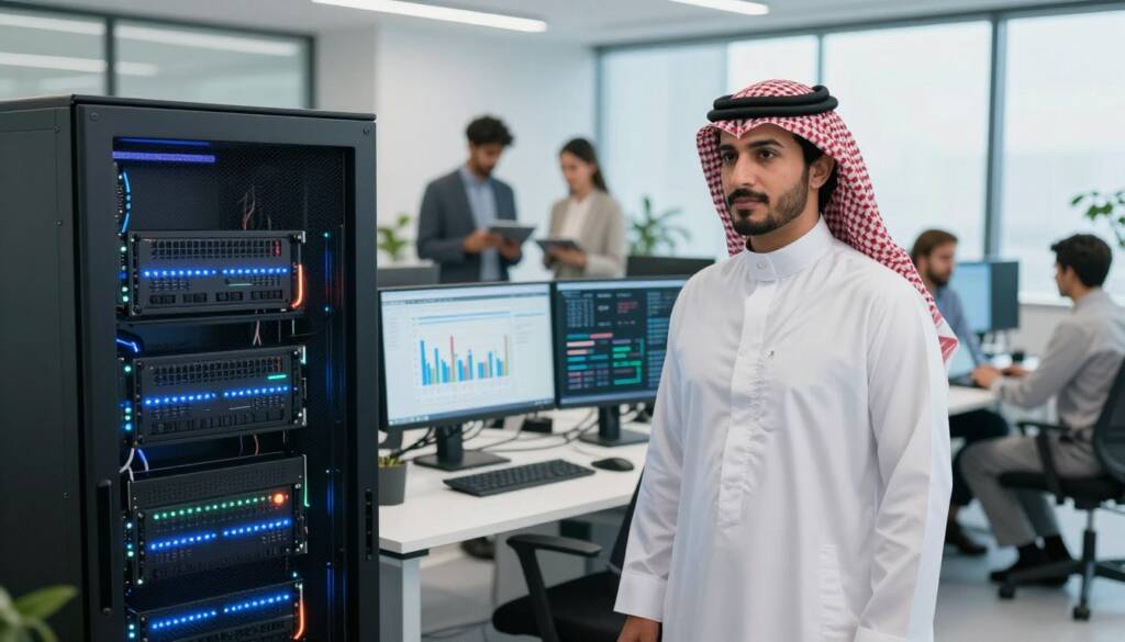 A professional Saudi man wearing a white thobe, red checkered shemagh, and black agal, standing confidently in a modern office environment. In the foreground, a sleek, high-tech server rack with blinking lights represents parallel operations in action. In the middle ground, large monitors display graphs and data analytics, symbolizing the transition from Excel to ERP systems. The background features an open workspace with colleagues collaborating over digital tablets, creating an atmosphere of teamwork and innovation. Soft, natural lighting streams in through large windows, enhancing the focus on productivity and continuity. The overall mood is dynamic and forward-thinking, reflecting the importance of executing parallel operations for seamless business continuity.