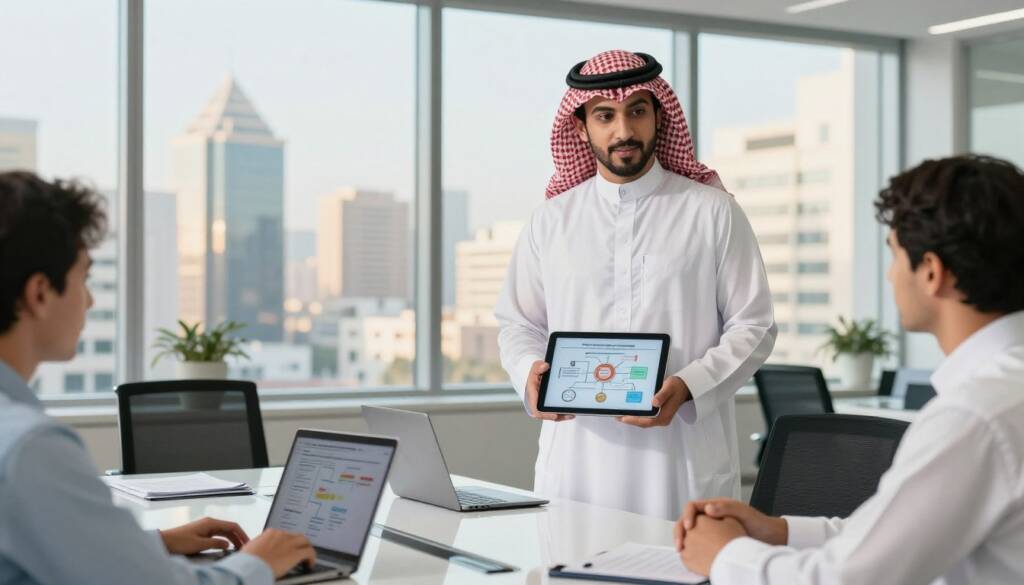 Saudi businessmen only in modern office meeting, white thobe, red checkered shemagh, black agal, NO women anywhere, tablet screen shows abstract charts only with NO readable text, no logos