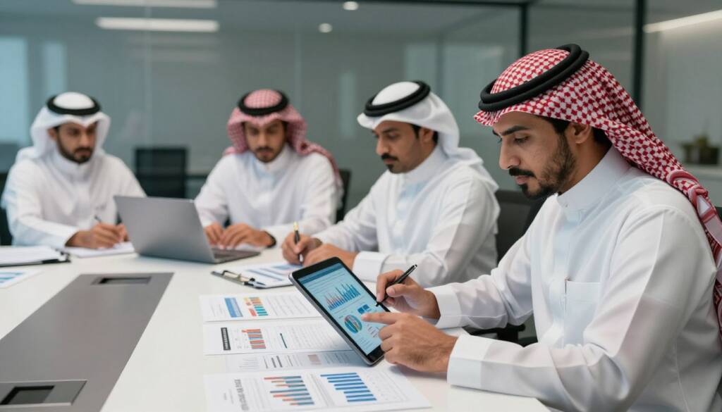 A focused business setting featuring Saudi men in white thobes, red checkered shemaghs, and black agals. In the foreground, one man is analyzing charts and reports on a sleek digital tablet, his expression thoughtful. In the middle, a large conference table is cluttered with financial documents, project pricing spreadsheets, and a laptop displaying graphs and data. The background reveals a modern office with glass walls, subtle ambient lighting casting a professional tone. The scene captures an atmosphere of collaboration and strategy, with soft shadows emphasizing the seriousness of project pricing and reporting methods. The composition is framed to draw attention to the details on the table while maintaining a clean and organized aesthetic.