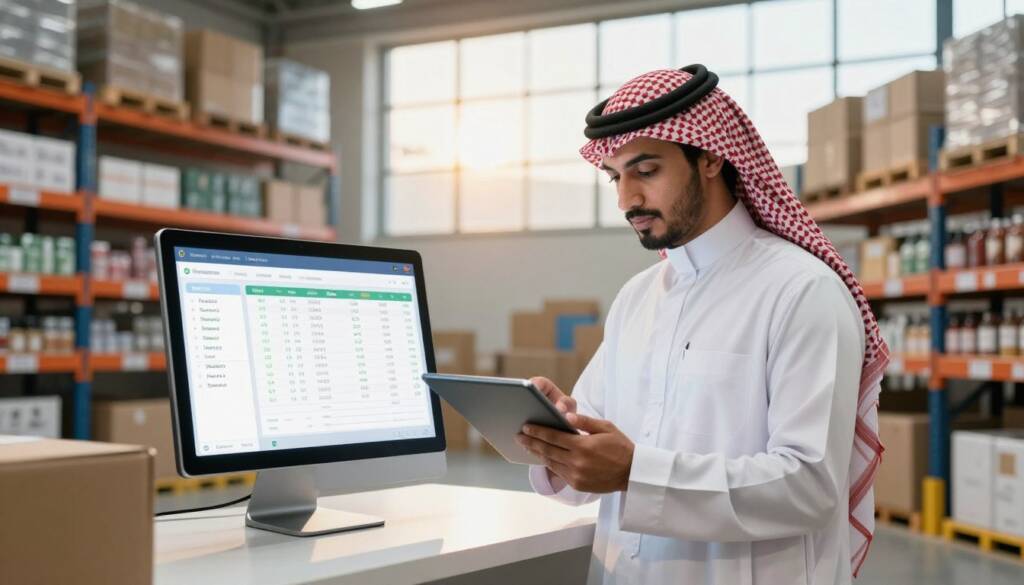 A modern stock management system in a high-tech warehouse setting. In the foreground, a Saudi man dressed in a white thobe, red checkered shemagh, and black agal is thoughtfully analyzing inventory data on a futuristic tablet. The middle ground features smart shelves stocked with various goods, with digital displays showing real-time inventory levels. In the background, large windows reveal a bright, sunny day, casting warm light into the warehouse and creating an inviting atmosphere. The scene is meticulously organized, conveying efficiency and innovation, with soft shadows and a balanced composition, accentuating the cutting-edge features of a smart inventory management system.