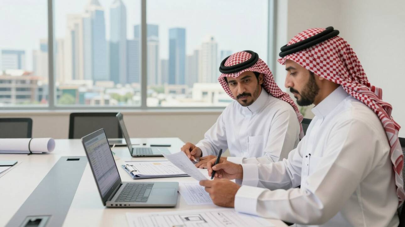 A professional setting showcasing Saudi men in traditional attire—white thobes, red checkered shemaghs, and black agals—collaborating on construction project management. In the foreground, two men are engaged in a discussion, reviewing blueprints and digital devices, conveying a sense of teamwork and expertise. The middle ground features a large conference table cluttered with documents and laptops displaying project timelines and financial data relevant to construction phases. The background highlights a window with a view of a modern city skyline, symbolizing progress and development. Soft, natural lighting filters through the window, creating a calm and focused atmosphere, while a wide-angle lens captures the collaborative environment in this bustling construction firm.