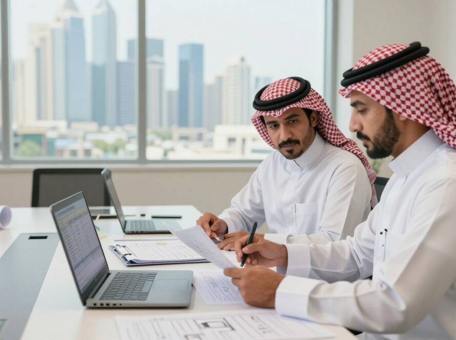 A professional setting showcasing Saudi men in traditional attire—white thobes, red checkered shemaghs, and black agals—collaborating on construction project management. In the foreground, two men are engaged in a discussion, reviewing blueprints and digital devices, conveying a sense of teamwork and expertise. The middle ground features a large conference table cluttered with documents and laptops displaying project timelines and financial data relevant to construction phases. The background highlights a window with a view of a modern city skyline, symbolizing progress and development. Soft, natural lighting filters through the window, creating a calm and focused atmosphere, while a wide-angle lens captures the collaborative environment in this bustling construction firm.