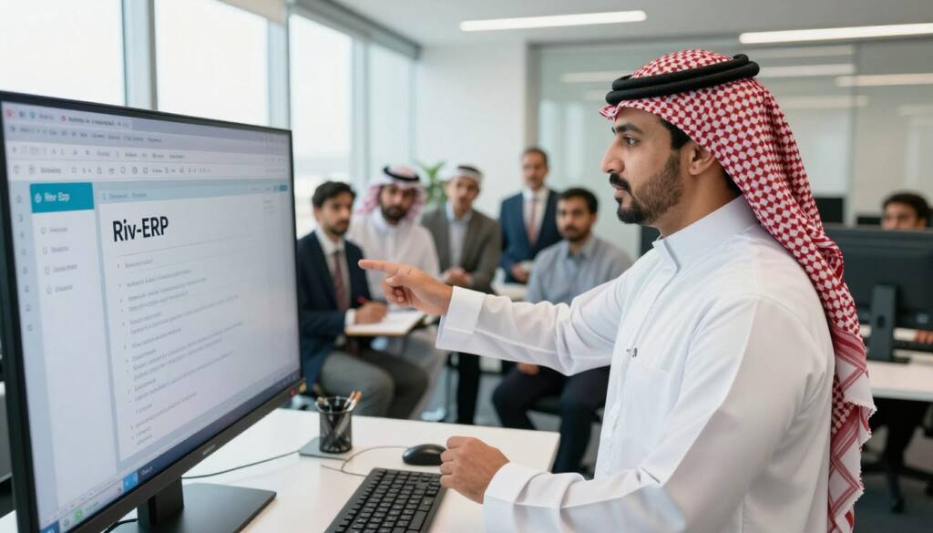A professional training session in a modern office setting, focusing on the implementation of Riv-ERP software. In the foreground, a Saudi man dressed in a white thobe, red checkered shemagh, and black agal intensely interacts with a large digital screen displaying Riv-ERP's interface. In the middle background, a group of Saudi men engaged in discussions, brainstorming ideas, and taking notes, all in professional attire. The office environment is well-lit with natural sunlight filtering through large windows, creating a bright and focused atmosphere. The mood is collaborative and dynamic, emphasizing teamwork and learning. The camera angle is slightly elevated, capturing the interaction between the trainer and the attendees while showcasing the modern technology in use.