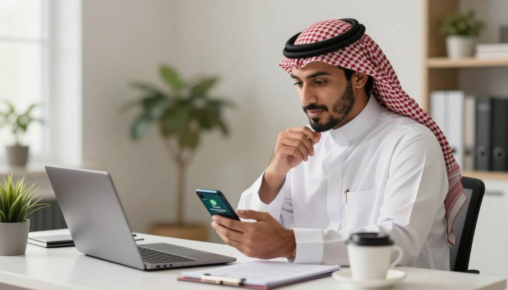 Saudi businessman holding smartphone with plain blank blurred screen, NO app icons, NO logos, NO brand icons, generic phone interface only