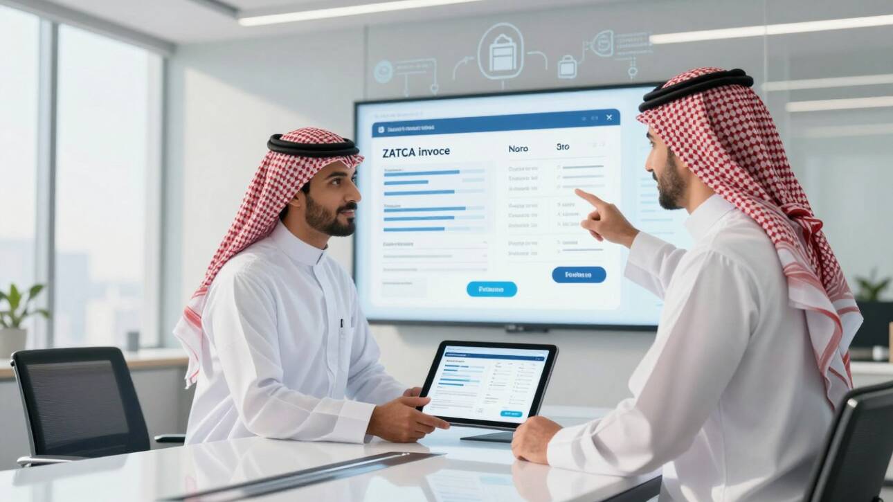 Saudi businessmen only pointing at wall screen with abstract charts, white thobe, red checkered shemagh, black agal, NO women anywhere, screens show abstract icons and charts only with absolutely NO readable text or characters in any language, no logos