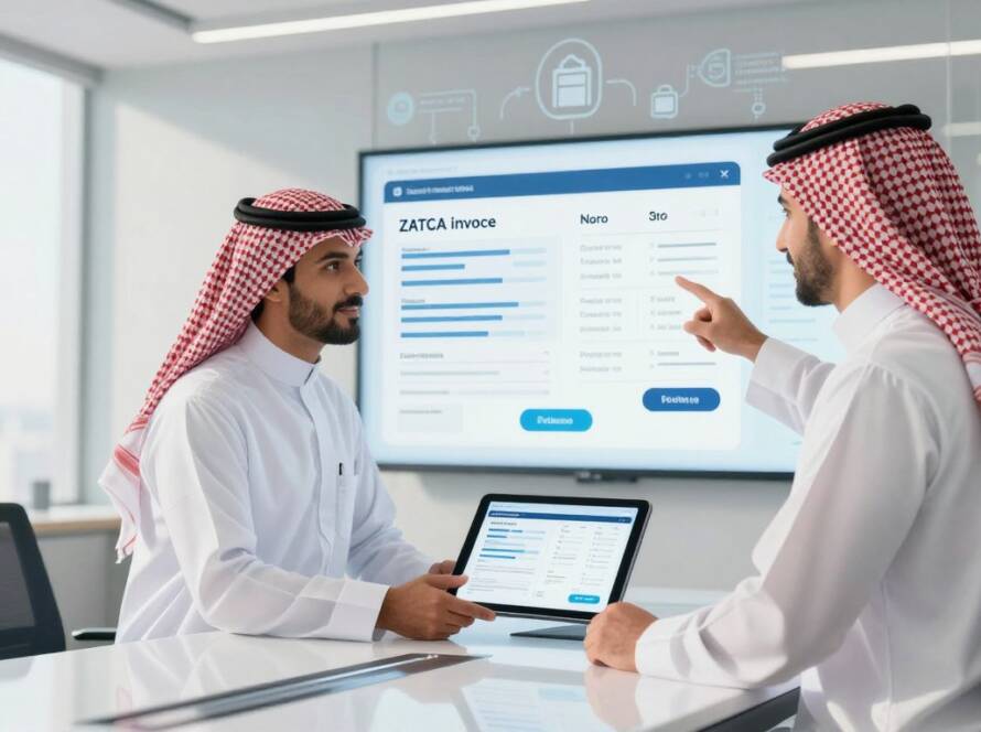 Saudi businessmen only pointing at wall screen with abstract charts, white thobe, red checkered shemagh, black agal, NO women anywhere, screens show abstract icons and charts only with absolutely NO readable text or characters in any language, no logos
