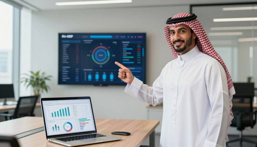 A Saudi Arabian businessman wearing a white thobe, a red checkered shemagh, and a black agal stands confidently in a modern office space, showcasing the impact of Riv-ERP on performance improvement and resource management. In the foreground, a sleek laptop displays graphs and data analytics related to resource allocation, while the businessman points to the screen with enthusiasm. In the middle ground, a digital display showcases various metrics and dashboards reflecting optimized workflow and efficiency. The background features a contemporary office environment with light-colored walls, large windows letting in natural light, and a subtle cityscape visible outside. The atmosphere is professional and optimistic, emphasizing innovation and collaboration in the workplace. The lighting is bright and airy, enhancing the sense of forward-thinking strategy. A Saudi Arabian businessman wearing a white thobe, a red checkered shemagh, and a black agal stands confidently in a modern office space, showcasing the impact of Riv-ERP on performance improvement and resource management. In the foreground, a sleek laptop displays graphs and data analytics related to resource allocation, while the businessman points to the screen with enthusiasm. In the middle ground, a digital display showcases various metrics and dashboards reflecting optimized workflow and efficiency. The background features a contemporary office environment with light-colored walls, large windows letting in natural light, and a subtle cityscape visible outside. The atmosphere is professional and optimistic, emphasizing innovation and collaboration in the workplace. The lighting is bright and airy, enhancing the sense of forward-thinking strategy.