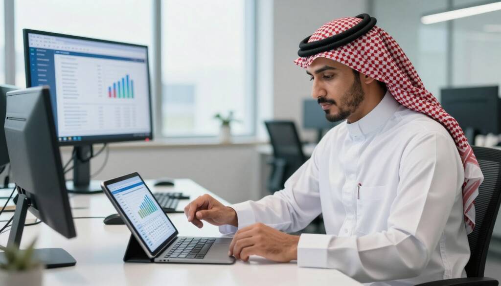 A professional Saudi man in a white thobe with a red checkered shemagh and black agal is seated at a sleek modern desk, engrossed in managing payroll efficiently. In the foreground, a digital tablet displays graphs and charts reflecting payroll data. The middle ground features a contemporary office space with large windows allowing natural light to flood the room, casting soft shadows. In the background, elements of an ERP system are subtly visible on a large screen showing an intuitive interface. The mood is focused and organized, highlighting the importance of effective payroll processing in a corporate environment. The lighting is bright but balanced, enhancing clarity and professionalism, captured from a slightly elevated angle to emphasize the workspace's layout. A professional Saudi man in a white thobe with a red checkered shemagh and black agal is seated at a sleek modern desk, engrossed in managing payroll efficiently. In the foreground, a digital tablet displays graphs and charts reflecting payroll data. The middle ground features a contemporary office space with large windows allowing natural light to flood the room, casting soft shadows. In the background, elements of an ERP system are subtly visible on a large screen showing an intuitive interface. The mood is focused and organized, highlighting the importance of effective payroll processing in a corporate environment. The lighting is bright but balanced, enhancing clarity and professionalism, captured from a slightly elevated angle to emphasize the workspace's layout.