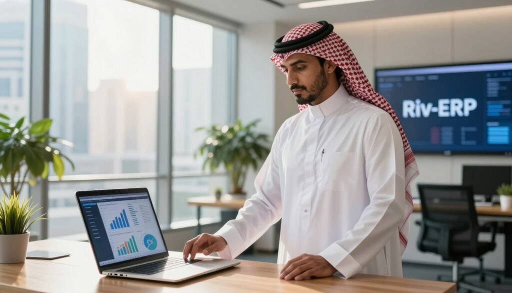 A professional Saudi man wearing a white thobe, red checkered shemagh, and black agal, standing confidently in a modern office setting, analyzing a digital dashboard displaying key performance indicators related to Riv-ERP implementation. In the foreground, a sleek laptop is open on a polished wooden desk, showing graphs and charts. In the middle ground, a large window reveals a bustling cityscape, with sunlight streaming in, creating a warm and inspiring atmosphere. The background features contemporary office decor, with potted plants and a large screen showcasing the Riv-ERP logo. The overall mood is focused and professional, emphasizing the importance of effective ERP application in a company.
