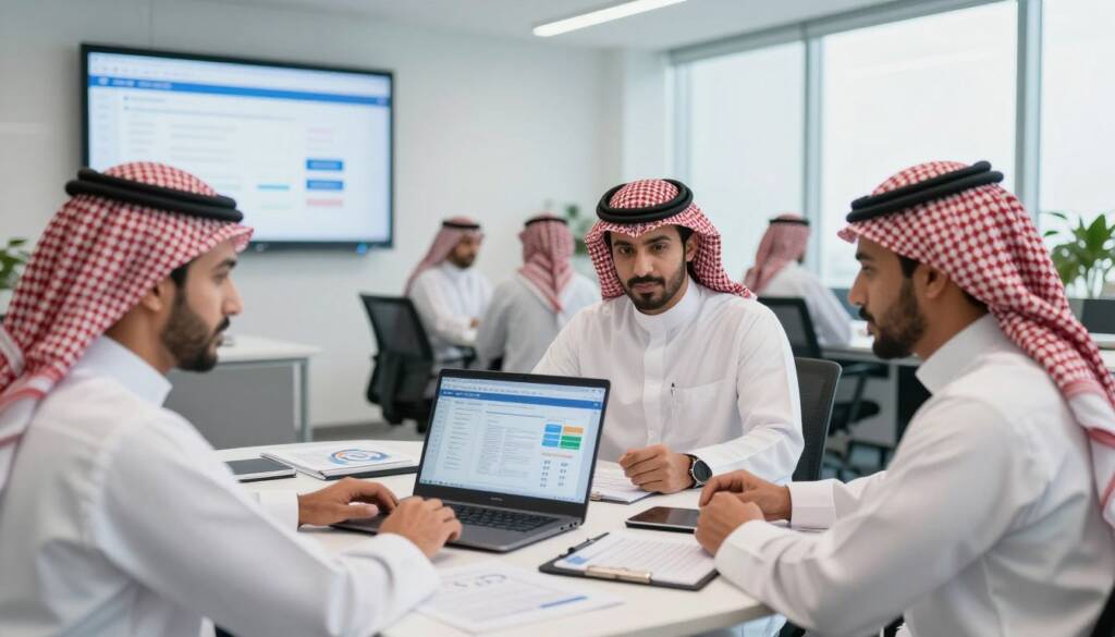 A professional training scene in a modern office setting, focusing on a group of Saudi men engaged in testing and training for ERP implementation. Foreground: three men in white thobes, wearing red checkered shemaghs and black agals, actively discussing over a laptop, with charts and graphs displayed on the screen. Middle: a round table cluttered with documents and tablets, showcasing data analysis, while a projector displays an ERP software interface on the wall. Background: a clean, well-lit office environment with large windows allowing natural light to pour in, creating an open and welcoming atmosphere. The mood is collaborative and focused, highlighting a key moment of teamwork and learning.