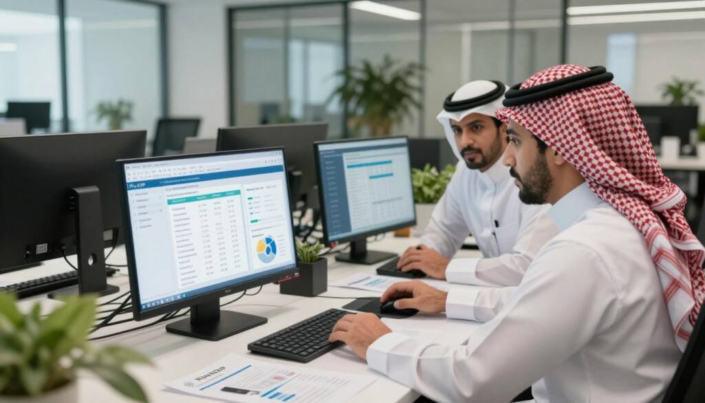 A visually engaging workspace scene depicting the integration of Riv-ERP with procurement processes. In the foreground, two Saudi men wearing white thobes, red checkered shemaghs, and black agals are discussing over interactive digital screens displaying data analytics and procurement workflows. In the middle ground, various desktop elements like laptops, documents, and charts illustrate the automation of purchasing. The background reveals a modern office setting with glass walls and greenery, symbolizing innovation and efficiency. Soft, natural lighting streams in from the windows, creating a professional and warm atmosphere. The angle is slightly elevated, capturing both the interaction and the vibrant office environment, conveying a sense of collaboration and technological advancement.