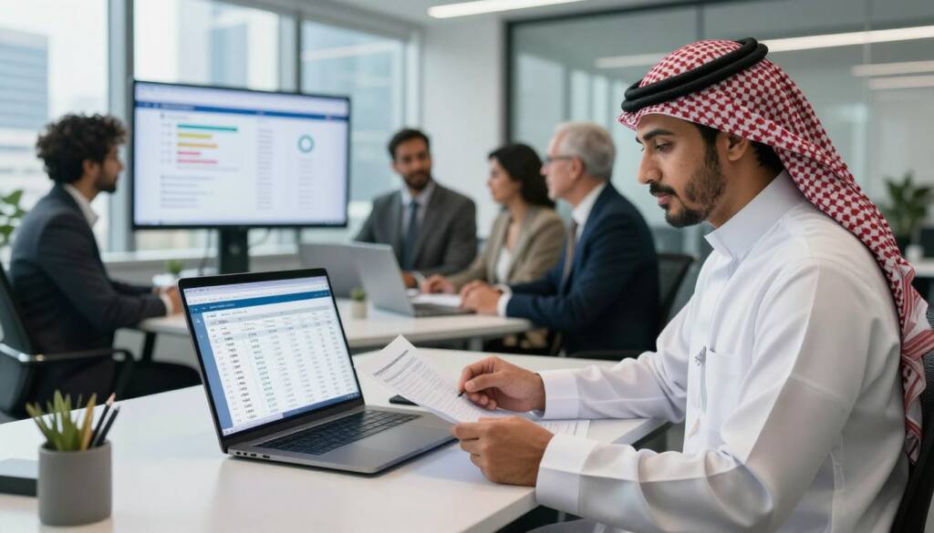 Saudi businessmen only reviewing financial dashboard screens in office, white thobe, red checkered shemagh, black agal, NO women anywhere, screens show abstract charts only with NO readable text, no logos